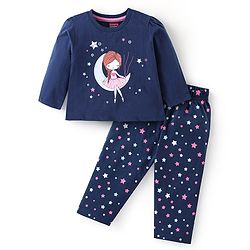Babyhug Cotton Knit Single Jersey Full Sleeves Night Suit With Star Print - Navy Blue