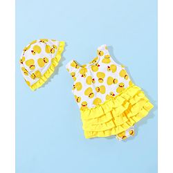 Babyhug Sleeveless  Layered Frock Style Swimsuit with Cap Duck Print - Yellow