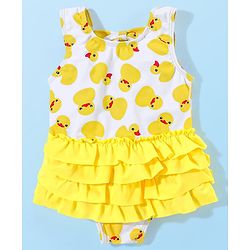 Babyhug Sleeveless  Layered Frock Style Swimsuit with Cap Duck Print - Yellow