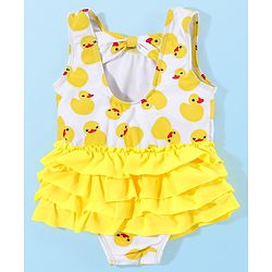 Babyhug Sleeveless  Layered Frock Style Swimsuit with Cap Duck Print - Yellow