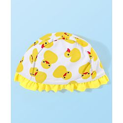 Babyhug Sleeveless  Layered Frock Style Swimsuit with Cap Duck Print - Yellow