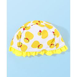 Babyhug Sleeveless  Layered Frock Style Swimsuit with Cap Duck Print - Yellow