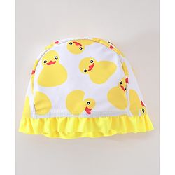 Babyhug Sleeveless  Layered Frock Style Swimsuit with Cap Duck Print - Yellow