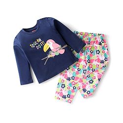 Babyhug Cotton Knit Full Sleeves Night Suit With Tropical Toucan Print - Navy Blue & Pink