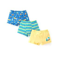 Babyhug 100% Cotton Single Jersey Knit Trunk Stripes & Construction Vehicle Print Pack of 3 - Yellow & Blue