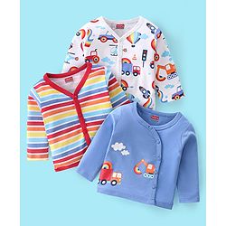 Babyhug 100% Cotton Full Sleeves Front Open Vests Stripes & Train Print Pack of 3- Blue Red & White