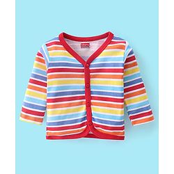 Babyhug 100% Cotton Full Sleeves Front Open Vests Stripes & Train Print Pack of 3- Blue Red & White
