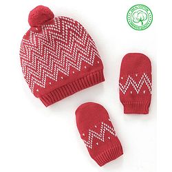 Babyhug 100% Organic Cotton Knit Pom Pom Cap With Mitten Chevron Print - Red
