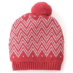 Babyhug 100% Organic Cotton Knit Pom Pom Cap With Mitten Chevron Print - Red