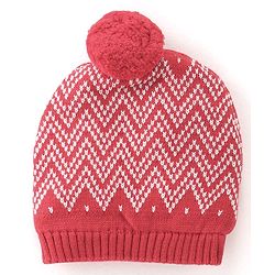 Babyhug 100% Organic Cotton Knit Pom Pom Cap With Mitten Chevron Print - Red