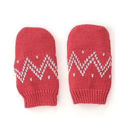 Babyhug 100% Organic Cotton Knit Pom Pom Cap With Mitten Chevron Print - Red
