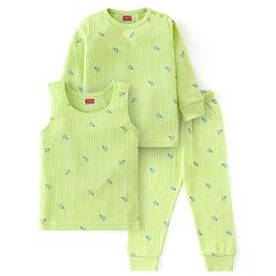 Babyhug Cotton Full Sleeves Vest Pullover & Bottom Thermal Wear Combo Pack Of 3 Paper Plane Print - Sunny Lime
