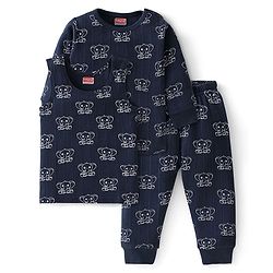 Babyhug Full Sleeves Elephant Print Thermal Vest  with Sando & Pajama - Navy Blue