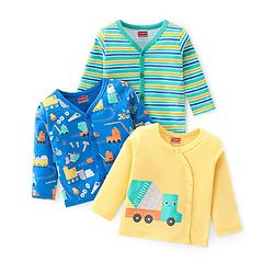 Babyhug 100% Cotton Full Sleeves Vests Stripes and Construction Print Pack of 3 - Blue Green and Yellow