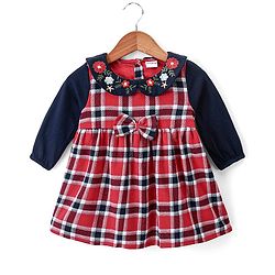 Babyhug Full Sleeves Cotton Woven Checked Frock with Bow Applique & Floral Embroidery - Red & Navy