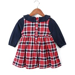 Babyhug Full Sleeves Cotton Woven Checked Frock with Bow Applique & Floral Embroidery - Red & Navy