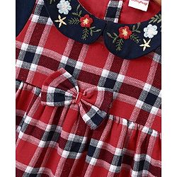 Babyhug Full Sleeves Cotton Woven Checked Frock with Bow Applique & Floral Embroidery - Red & Navy