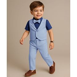 Babyhug Half Sleeves T-Shirt & Pant Set with Bow Applique & Waistcoat Detailing Solid Colour - Purple & Blue