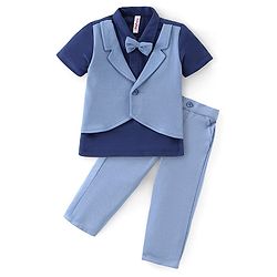 Babyhug Half Sleeves T-Shirt & Pant Set with Bow Applique & Waistcoat Detailing Solid Colour - Purple & Blue
