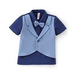Babyhug Half Sleeves T-Shirt & Pant Set with Bow Applique & Waistcoat Detailing Solid Colour - Purple & Blue