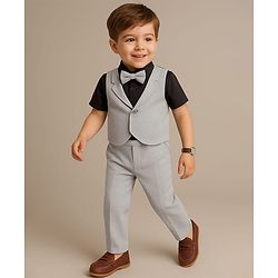 Babyhug Half Sleeves T-Shirt & Pant Set with Bow Applique & Waistcoat Detailing Solid Colour - Black & Grey