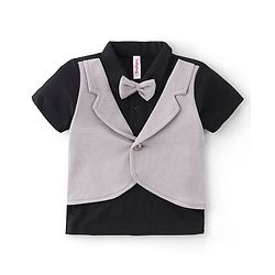 Babyhug Half Sleeves T-Shirt & Pant Set with Bow Applique & Waistcoat Detailing Solid Colour - Black & Grey