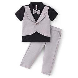 Babyhug Half Sleeves T-Shirt & Pant Set with Bow Applique & Waistcoat Detailing Solid Colour - Black & Grey