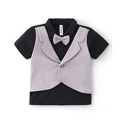Babyhug Half Sleeves T-Shirt & Pant Set with Bow Applique & Waistcoat Detailing Solid Colour - Black & Grey