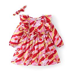 Babyhug Rayon Woven Full Sleeves Floral Printed Frock with Frill Detailing & Head Band - Red