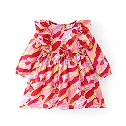 Babyhug Rayon Woven Full Sleeves Floral Printed Frock with Frill Detailing & Head Band - Red