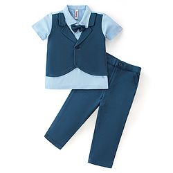 Babyhug Woven with Stretch Half Sleeves Three Pieces Party Suit with Bow -Navy Blue