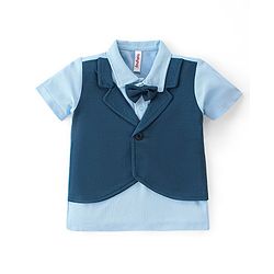 Babyhug Woven with Stretch Half Sleeves Three Pieces Party Suit with Bow -Navy Blue