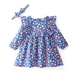 Babyhug Rayon Full Sleeves  Floral Printed Dress with Frill Detailing & Headband - Navy Blue