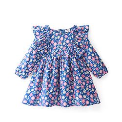 Babyhug Rayon Full Sleeves  Floral Printed Dress with Frill Detailing & Headband - Navy Blue