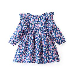 Babyhug Rayon Full Sleeves  Floral Printed Dress with Frill Detailing & Headband - Navy Blue