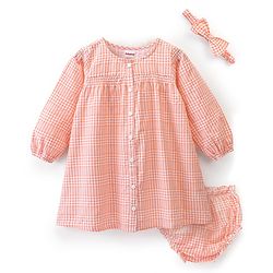 Babyhug Cotton Rayon Woven Full Sleeves Checked Frock with Bloomer and Headband - Peach