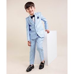 Babyhug Woven Full Sleeves Textured Party Suit with Bow Tie - White & Blue