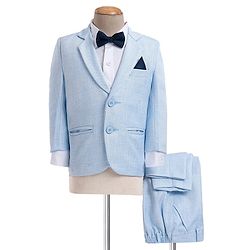 Babyhug Woven Full Sleeves Textured Party Suit with Bow Tie - White & Blue