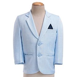 Babyhug Woven Full Sleeves Textured Party Suit with Bow Tie - White & Blue