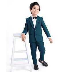 Babyhug Full Sleeves Three Piece Party Suit with Bow & Stretch - White & Teal Blue