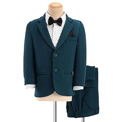 Babyhug Full Sleeves Three Piece Party Suit with Bow & Stretch - White & Teal Blue