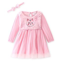 Bayhug Full Sleeve Frock with Hairband Mesh Yoke Dress Kitty Print & Bow Applique- Pink