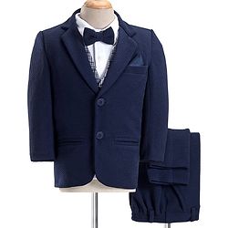 Babyhug Woven Full Sleeves 4 Piece Stretch Party Suit with Bow - White & Blue