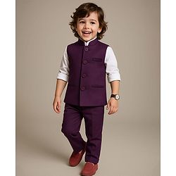 Babyhug Woven Full Sleeves Stretch Fit Party Suit With Waist Coat - White & Wine
