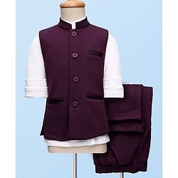 Babyhug Woven Full Sleeves Stretch Fit Party Suit With Waist Coat - White & Wine
