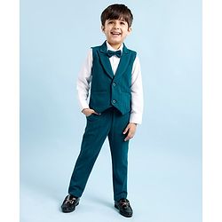 Babyhug Woven Full Sleeves Stretch Fit Party Suit With Waist Coat & Bow -  White & Dark Blue