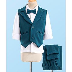 Babyhug Woven Full Sleeves Stretch Fit Party Suit With Waist Coat & Bow -  White & Dark Blue