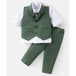 Babyhug Woven with Stretch Full Sleeves Three Pieces Party Suit with Bow - Green & White