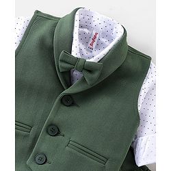 Babyhug Woven with Stretch Full Sleeves Three Pieces Party Suit with Bow - Green & White