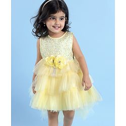 Babyhug Woven Sleeveless Mesh Layered Flare With Tail Party Frock - Yellow